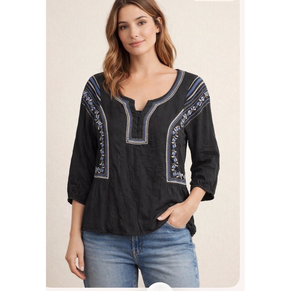 American Eagle Embroidered Boho Peasant Blouse charcoal Blue  3/4 Sleeve L #134